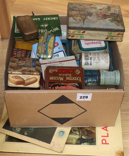 A Wills woodbine tin, cricket game, two Players signs and assorted tins